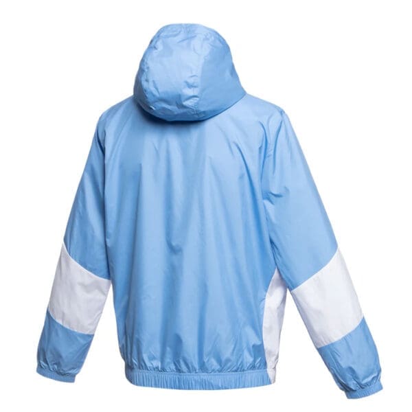 Blue and white hooded windbreaker jacket.