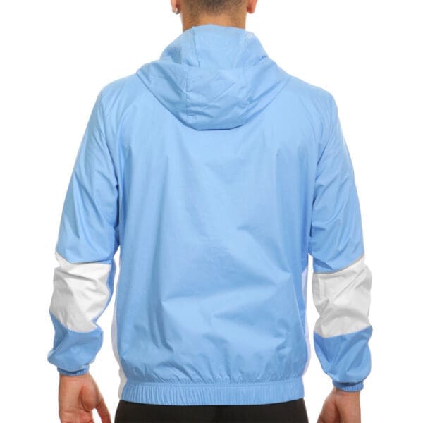 Blue and white hooded windbreaker jacket