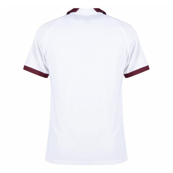 White polo shirt with maroon trim.