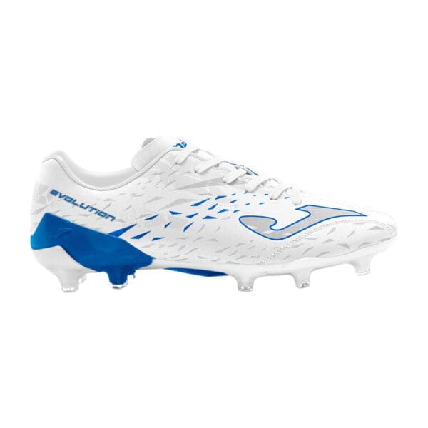 White and blue soccer cleats with studs.