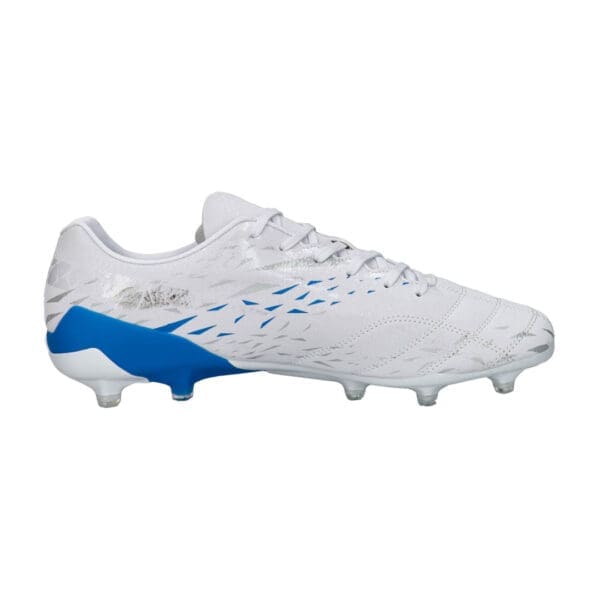 White soccer cleats with blue accents.