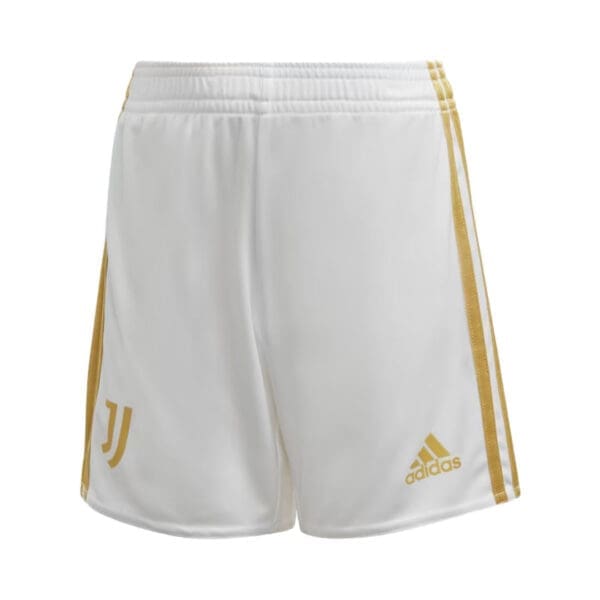 White and gold Adidas soccer shorts.