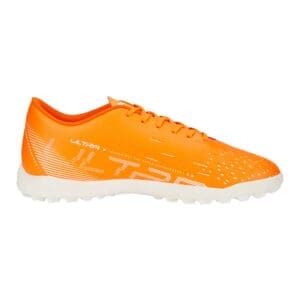 Orange and white soccer cleat.