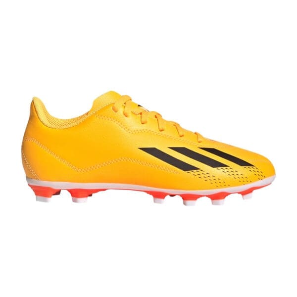 Yellow Adidas soccer cleats with black stripes.