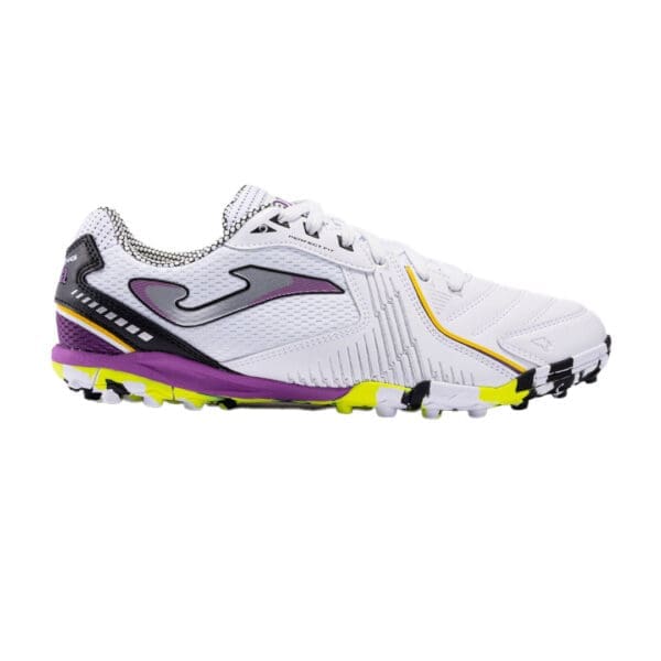 White and purple soccer cleat with yellow accents.