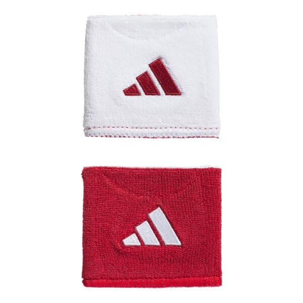 Two Adidas wristbands, red and white.