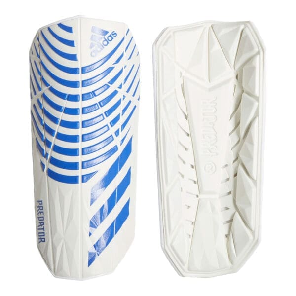 White and blue Adidas Predator shin guards.