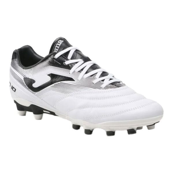 White and black soccer cleats with studs.