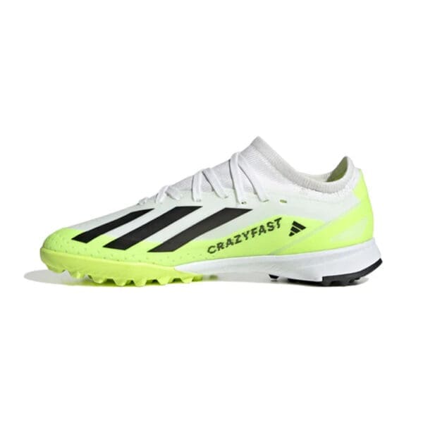 White and yellow Adidas Crazyfast soccer cleats.