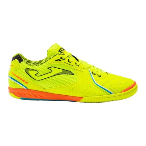 Yellow and orange indoor soccer shoe.