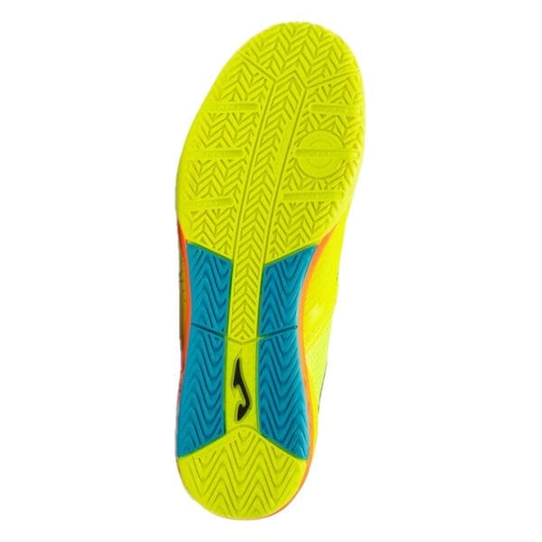 Yellow and blue indoor soccer shoe sole.