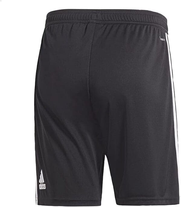 Black Adidas soccer shorts, back view.