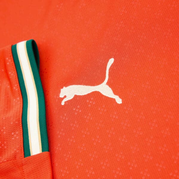 Here's an alt tag for the image: Orange Puma jersey detail.