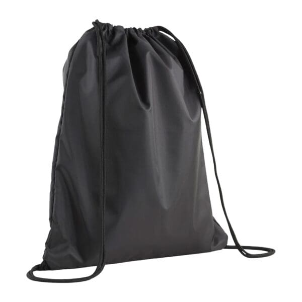 Black drawstring bag, empty.