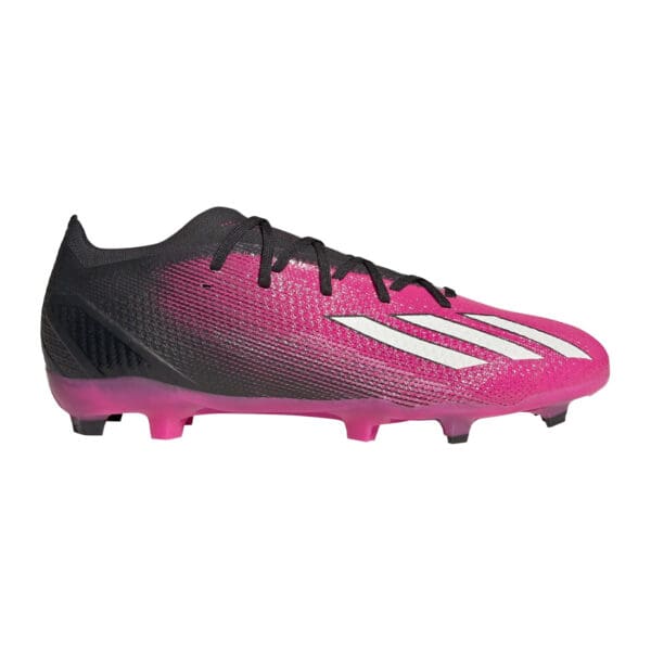 Pink and black Adidas soccer cleats.