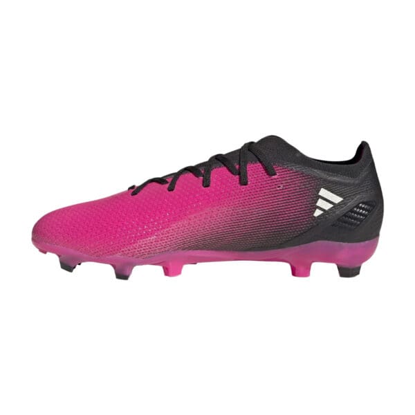 Pink and black Adidas soccer cleat.