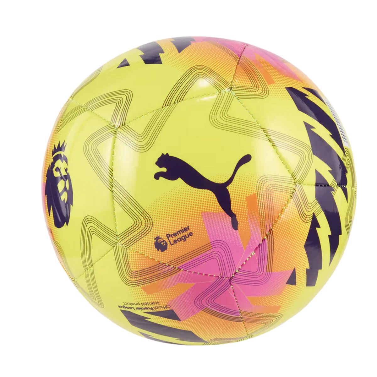 Yellow and pink Premier League soccer ball.