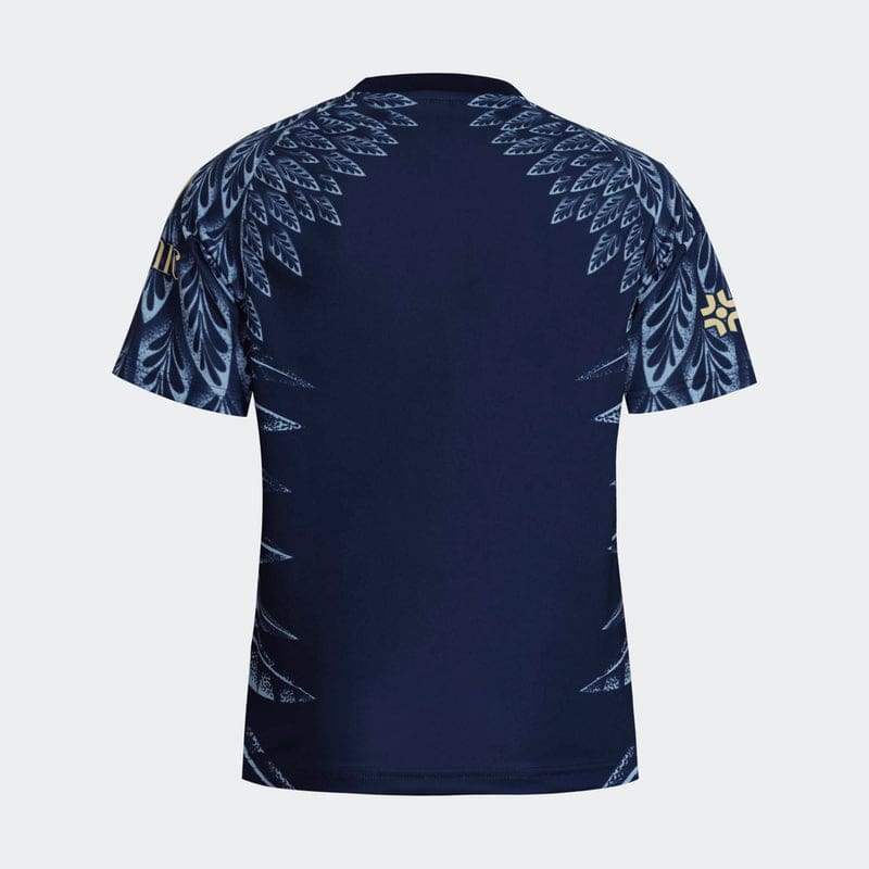 Navy blue shirt with decorative leaf pattern.