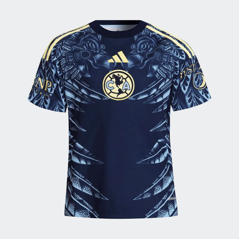 Navy blue jersey with intricate yellow design.