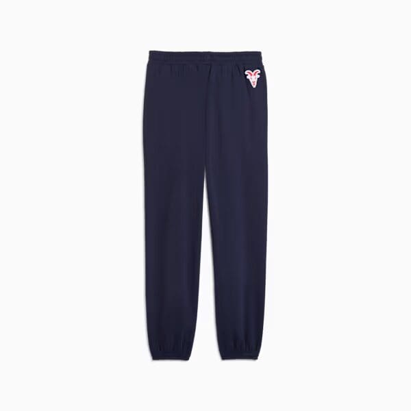 Navy sweatpants with embroidered red logo.