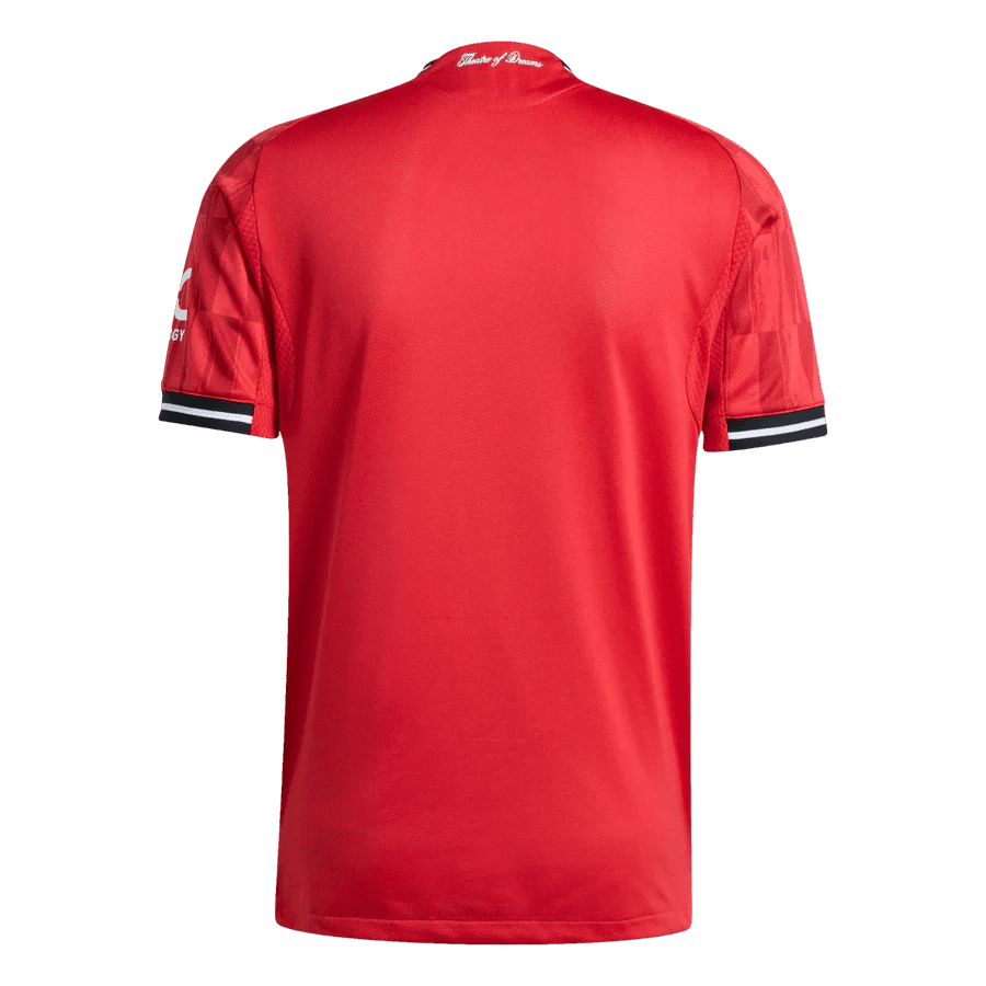 Red sports jersey, back view, black background.
