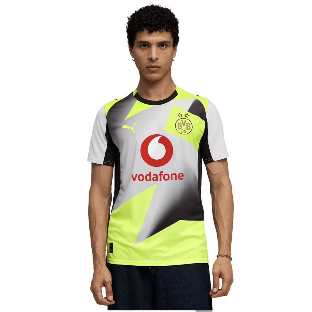 Man wearing a colorful sports jersey.