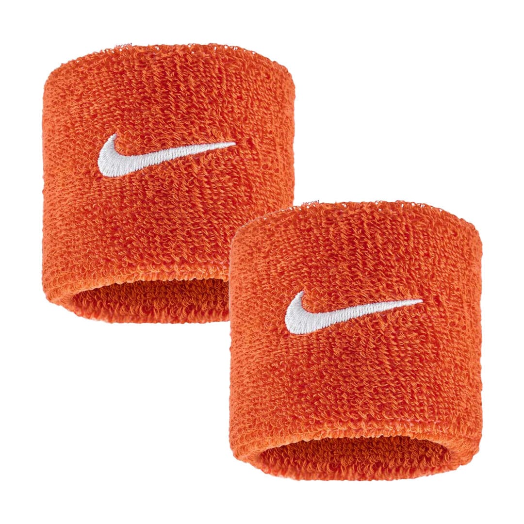 Two orange wristbands with white logo.