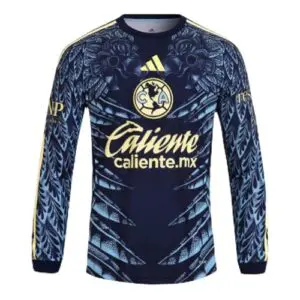 Blue patterned soccer jersey with sponsor logos.